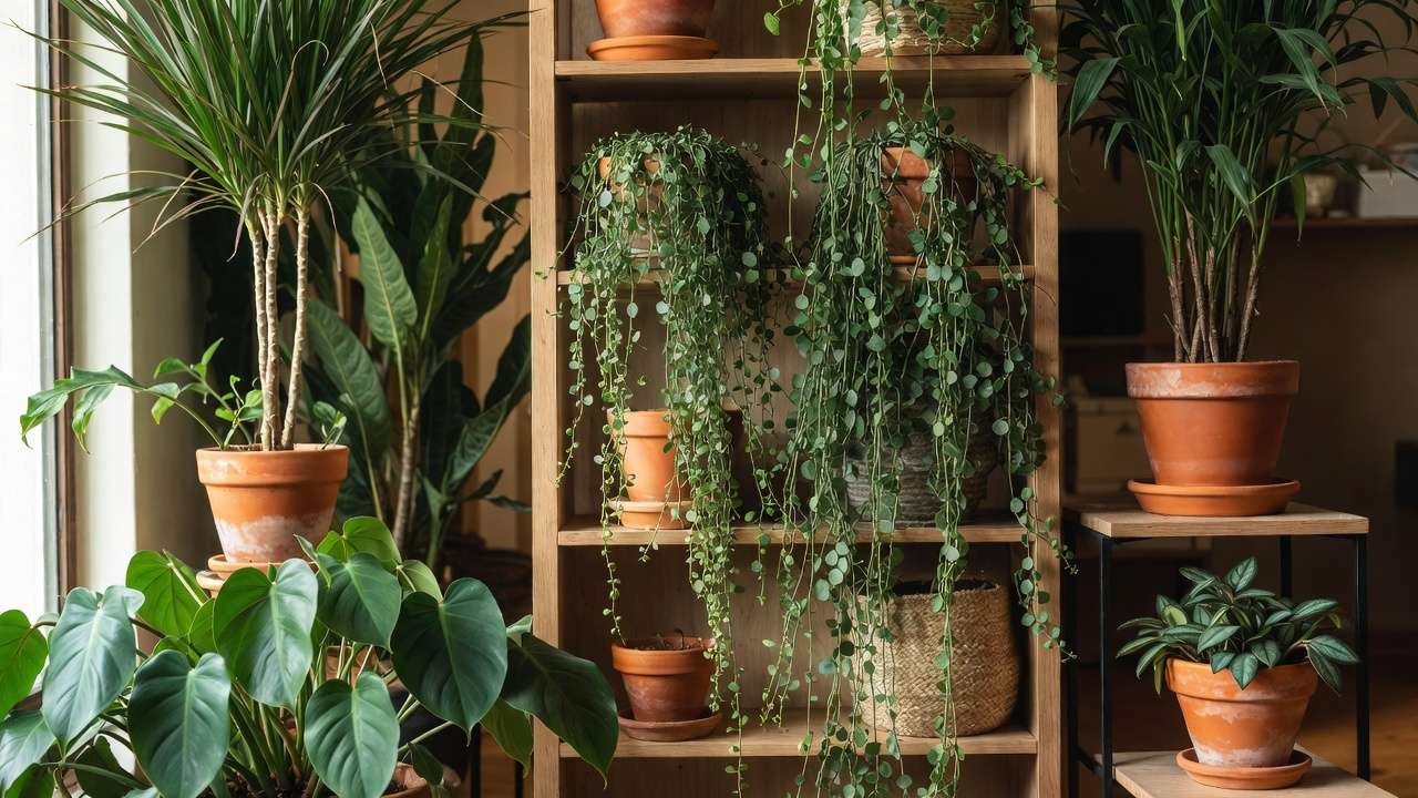 Layered houseplant display using height, texture, and trailing varieties on bookshelves for stylish indoor greenery