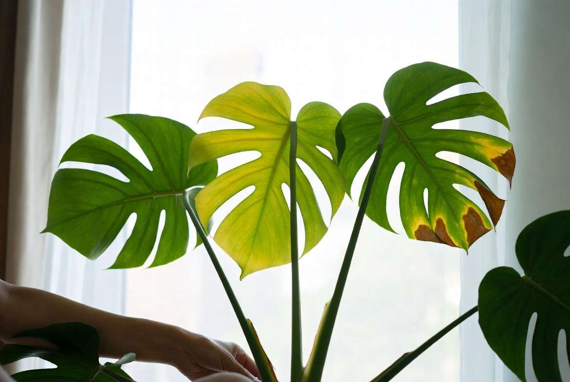 Relocating a sunburned Monstera plant to bright indirect light as part of emergency care for houseplants