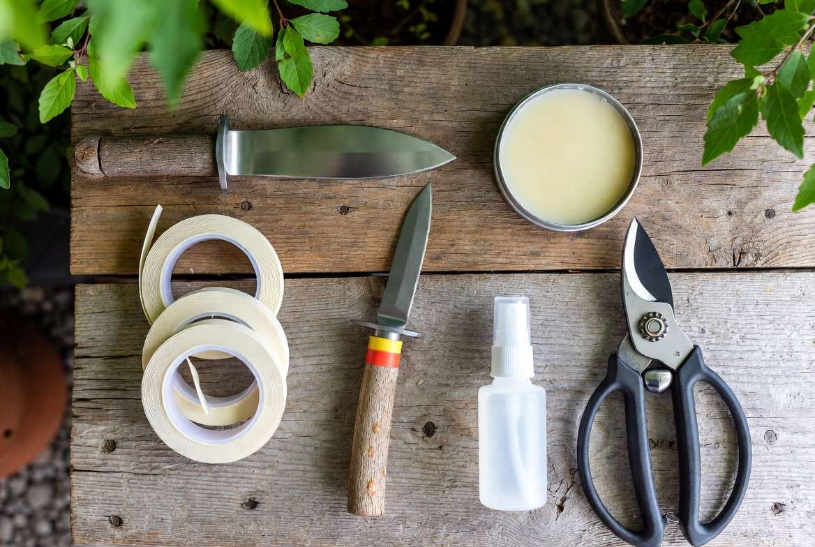 Essential grafting tools and materials including knife, tape, wax and labels for fruit tree grafting