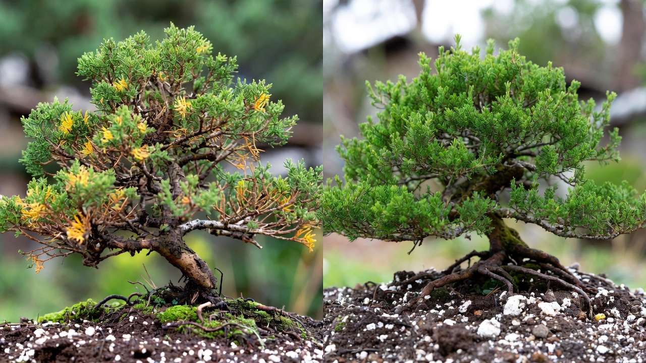 Before and after revival of a juniper bonsai after repotting into proper well-draining soil mix
