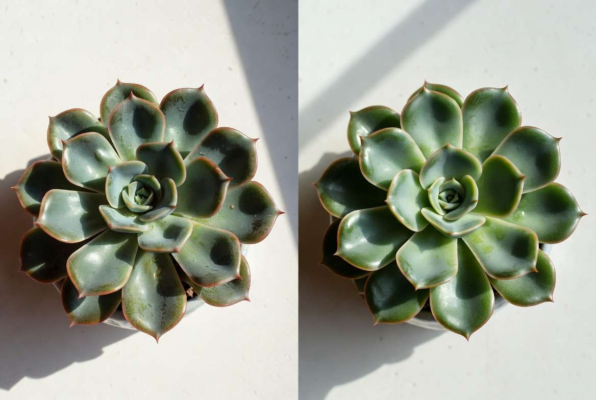 Before and after recovery of dehydrated succulent using water therapy