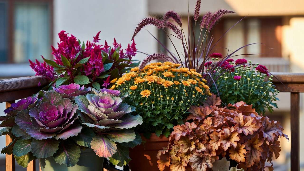 Autumn container garden display with mums, ornamental kale, celosia, and heuchera in rich fall colors