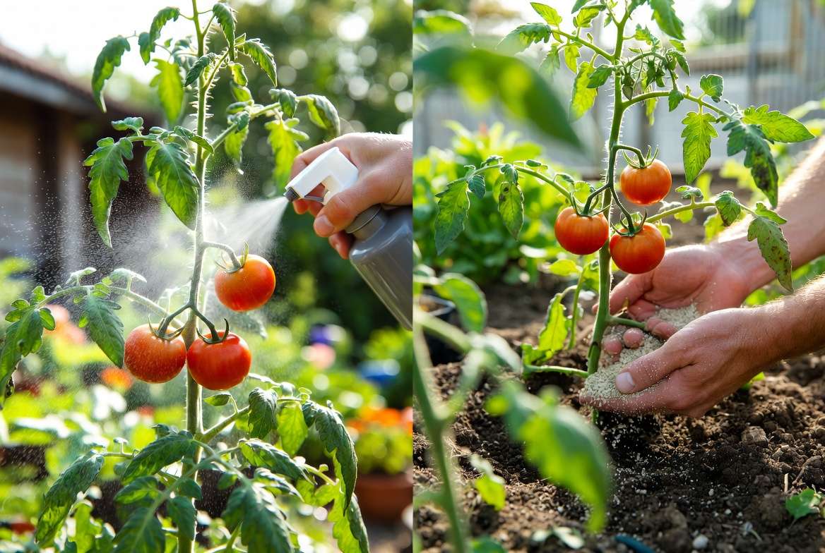 Side-by-side comparison of foliar feeding spray on leaves versus traditional soil fertilizer application