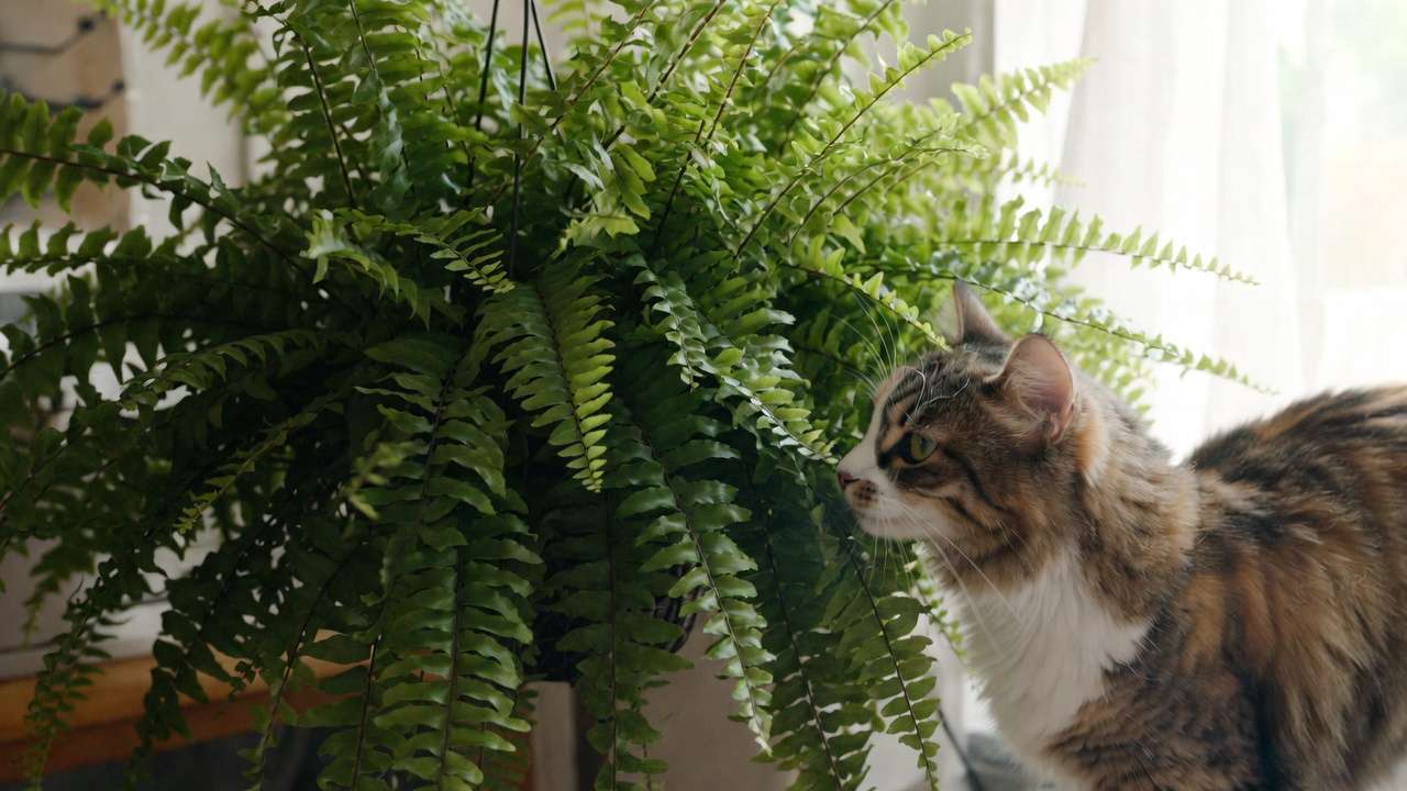 Curious cat safely sniffing pet-safe Boston fern in hanging basket, non-toxic houseplant