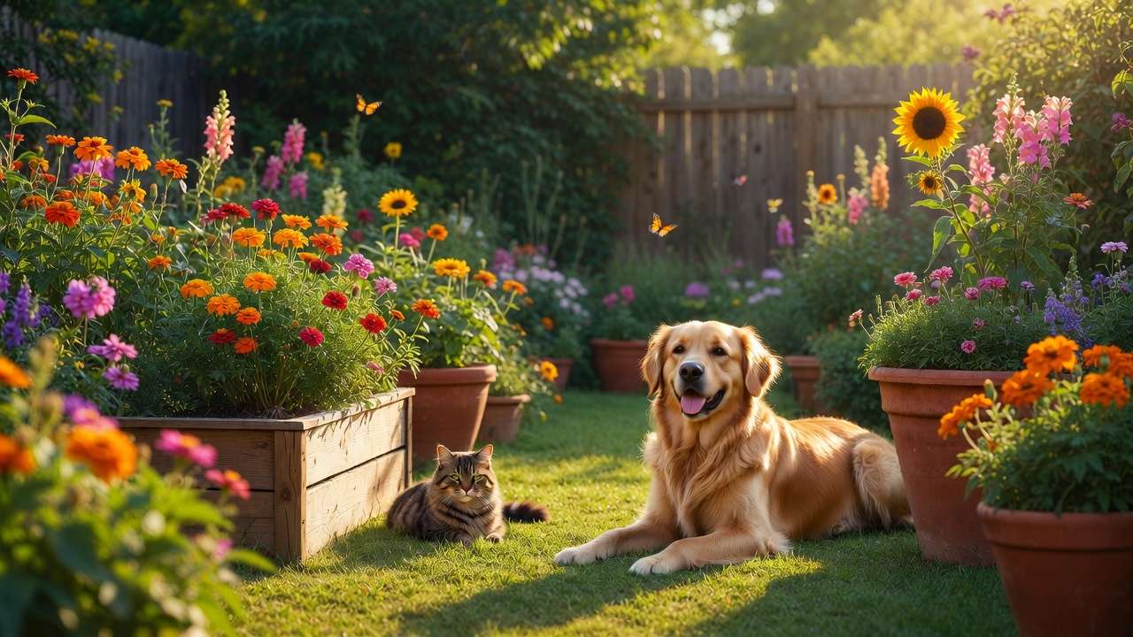 Happy dog and cat relaxing in a pet-safe garden blooming with marigolds, zinnias, sunflowers, and other non-toxic flowers