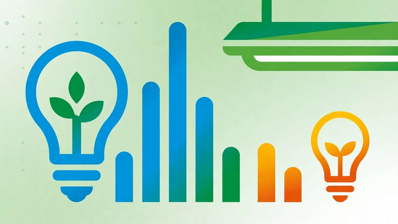 Symbolic comparison chart of fluorescent vs LED grow lights highlighting LED advantages in efficiency lifespan and environmental impact