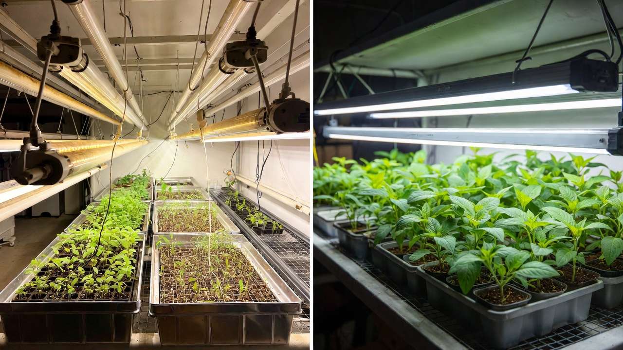 Side-by-side fluorescent vs LED grow lights effect on seedlings showing leggy weak growth under fluorescent and compact healthy growth under LED