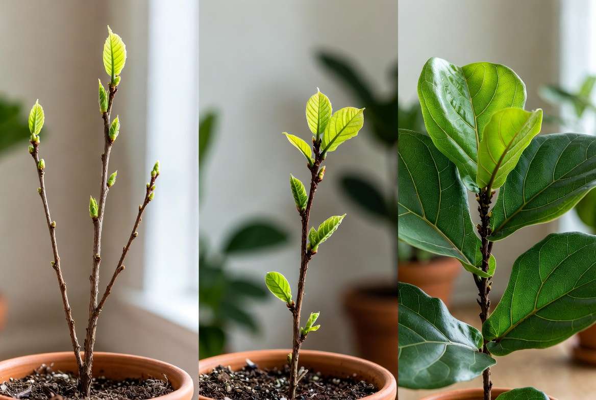 Timeline of new leaf regrowth on a previously defoliated houseplant
