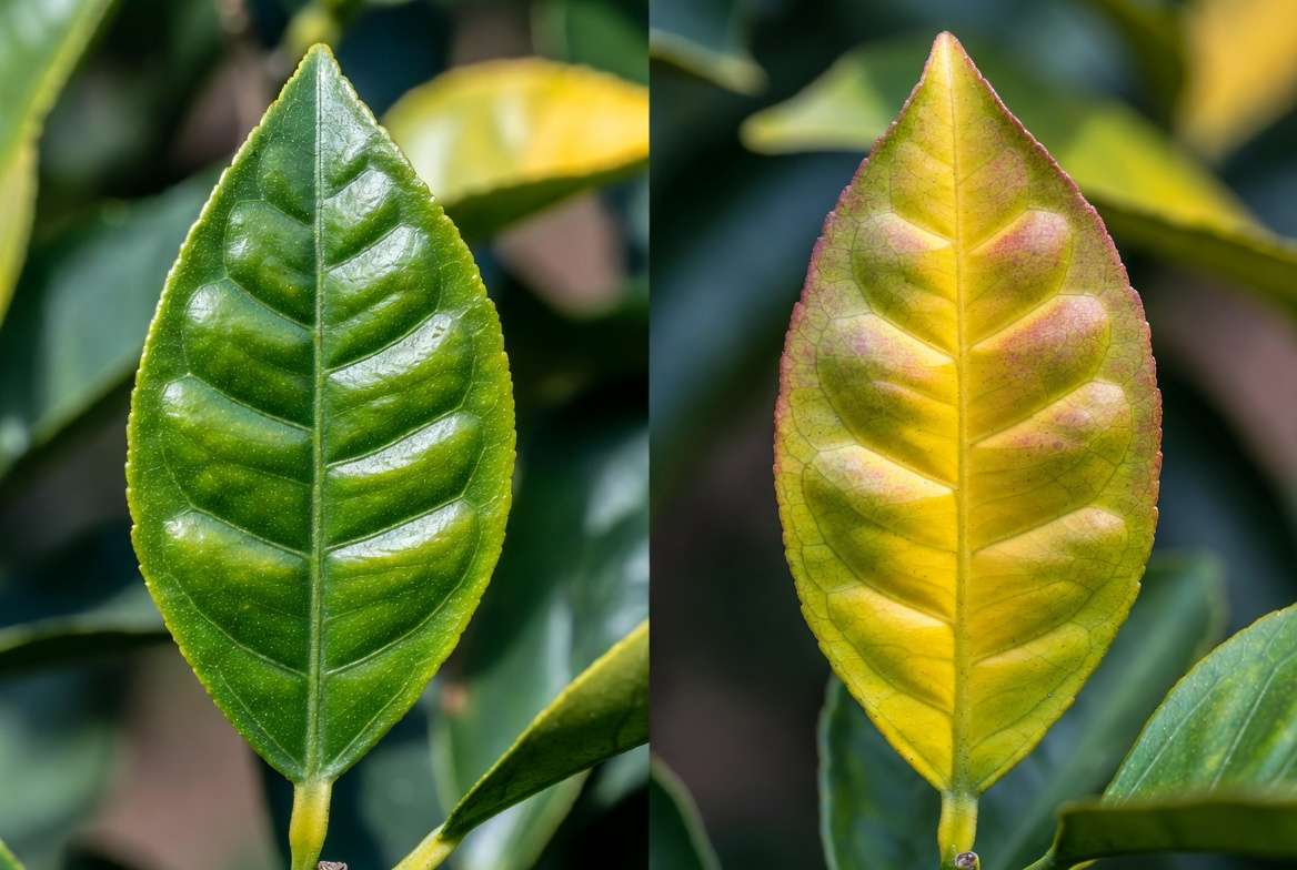 Citrus leaf magnesium deficiency symptoms showing interveinal yellowing on older leaves