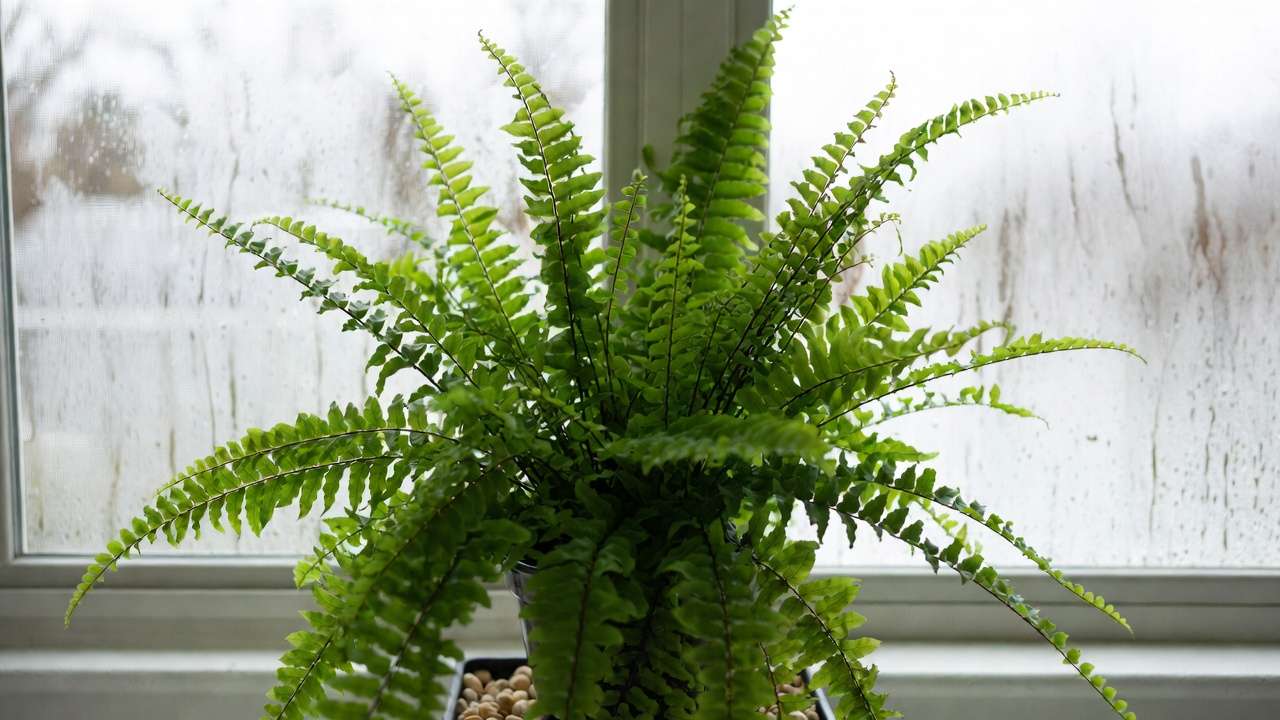 Thriving Boston fern in humid bathroom setting with indirect light, ideal pet-safe care
