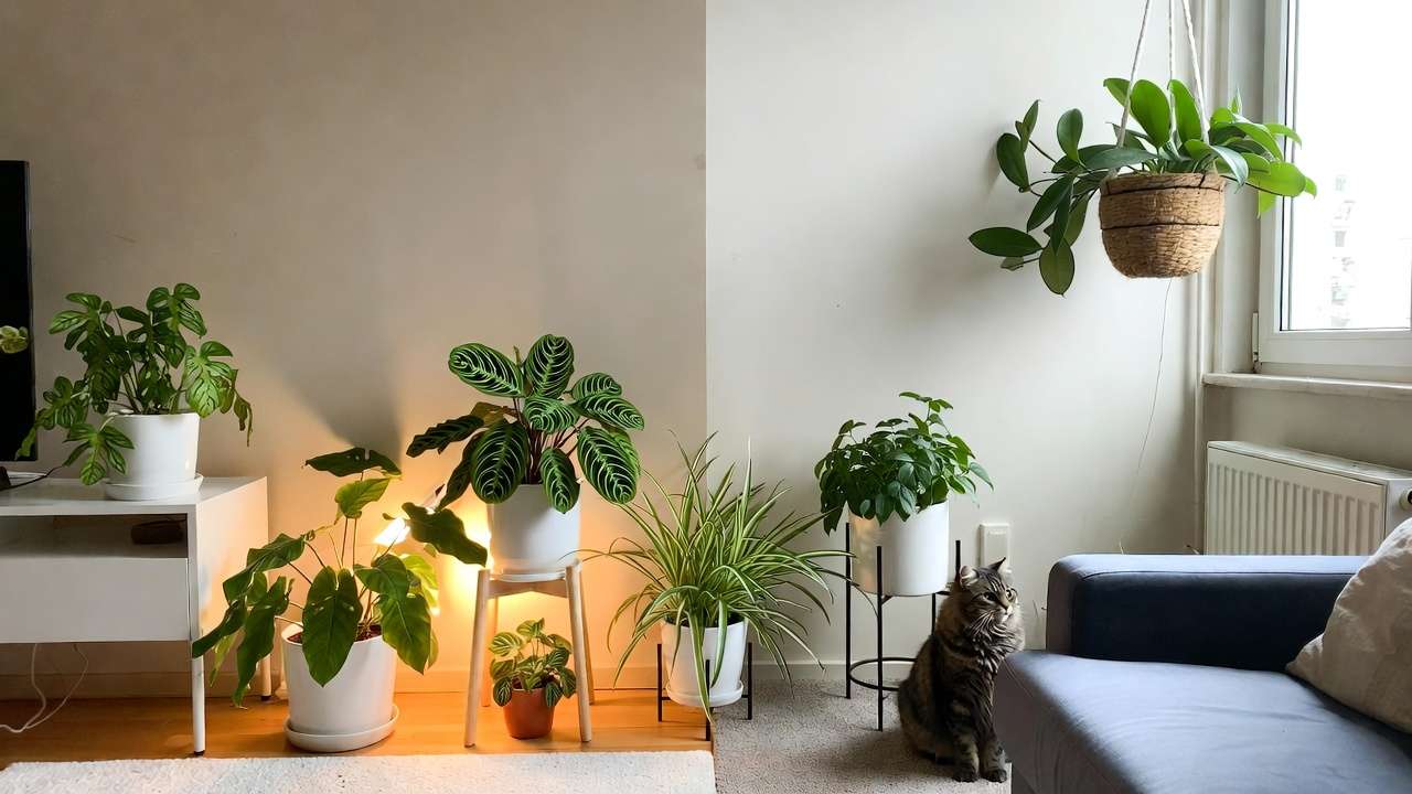 Pet-friendly home showing low-light and bright-indirect light non-toxic houseplants placed safely with a cat nearby