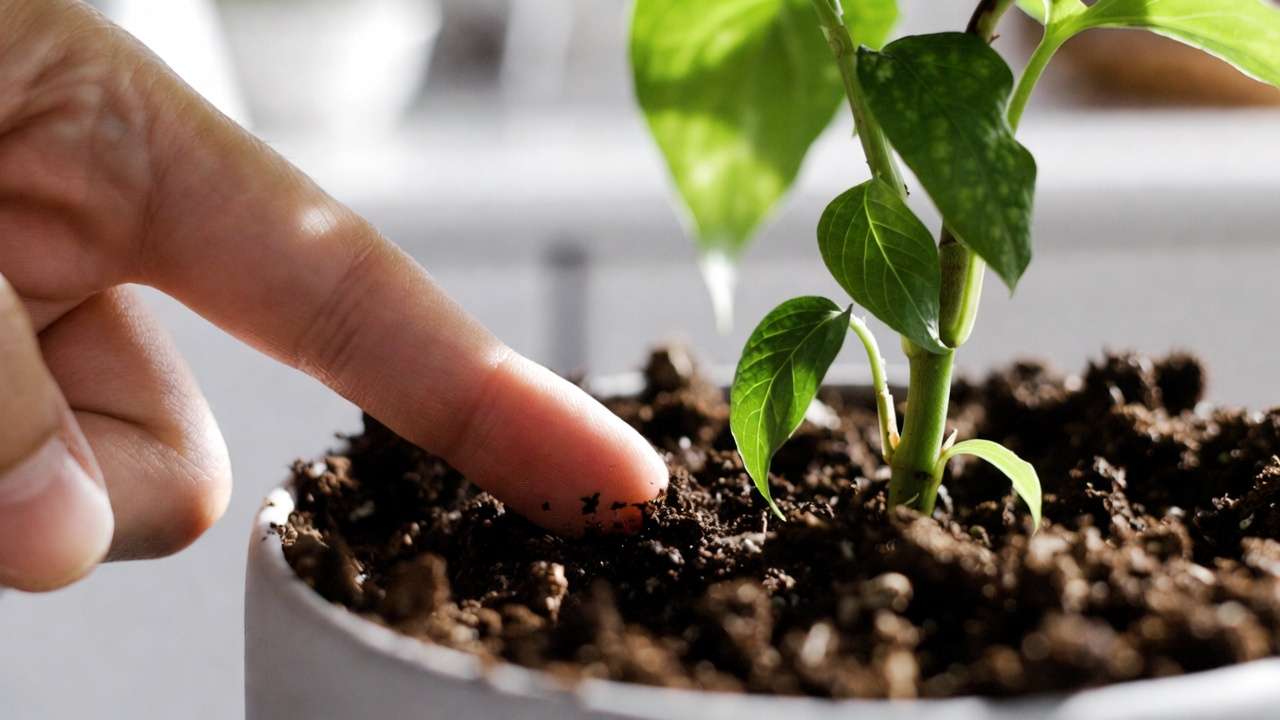 How to diagnose brown tips on houseplant leaves – finger test soil moisture check