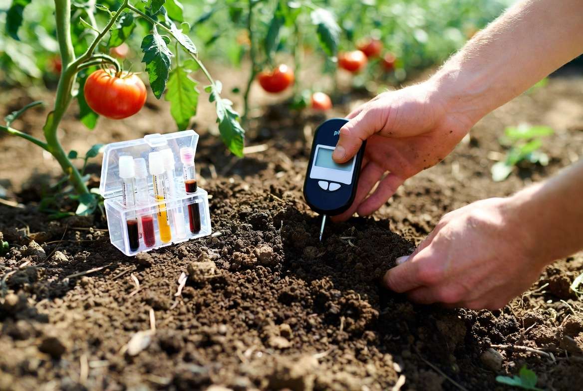 Soil testing kit and pH meter for diagnosing phosphorus deficiency in garden soil