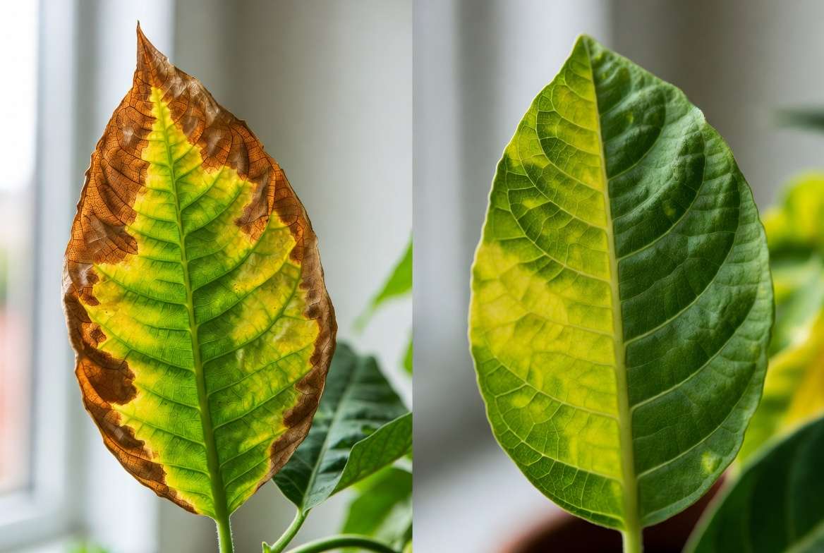 Potassium deficiency vs magnesium deficiency symptoms comparison on indoor plant leaves