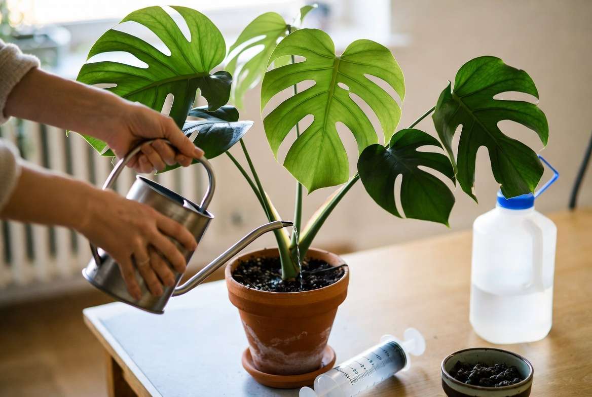 Step-by-step guide showing how to safely apply houseplant fertilizer to Monstera