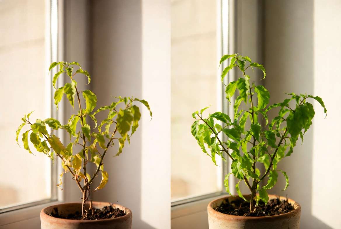 Houseplant recovery from repotting shock showing before and after healthy growth