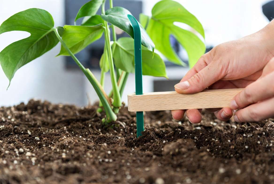 Step-by-step demonstration of inserting slow-release fertilizer spikes for indoor plants into monstera pot