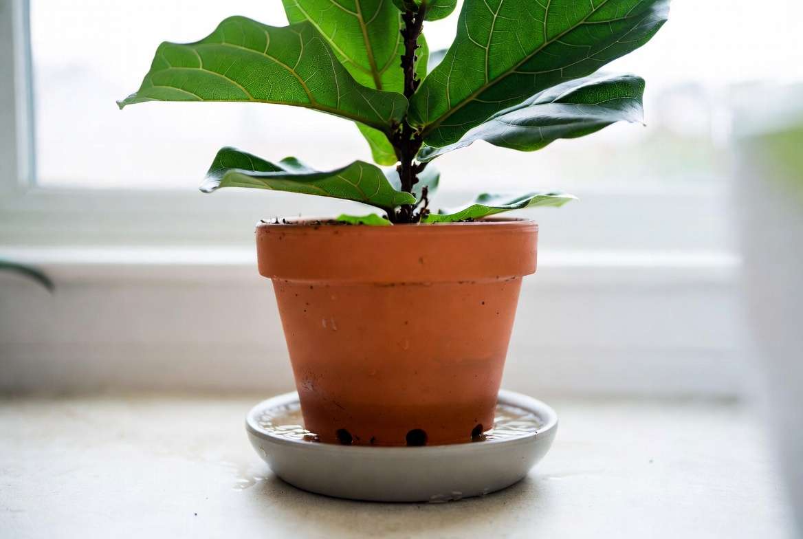 Bottom watering technique for reviving a wilted Fiddle Leaf Fig to restore proper moisture