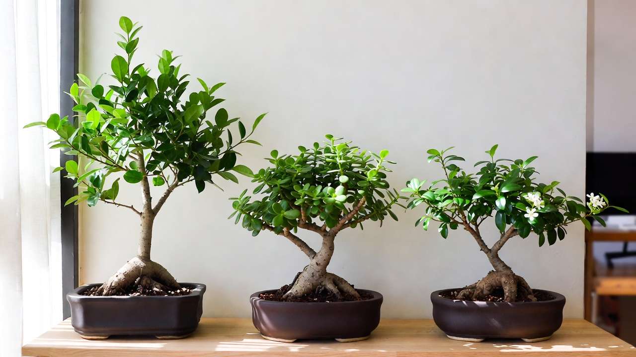 Healthy Ficus, Jade, and Fukien Tea indoor bonsai trees in ideal home conditions