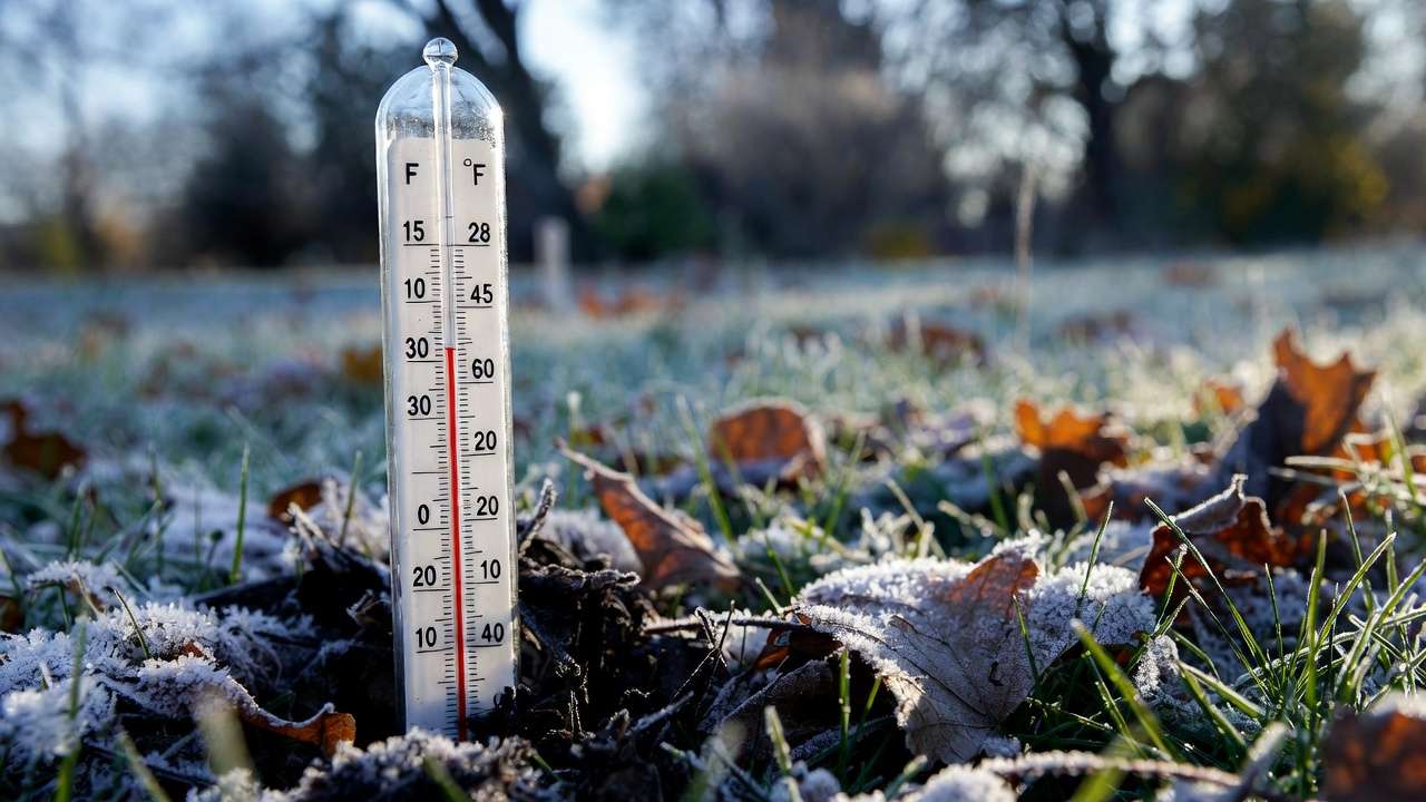 Garden thermometer showing near-freezing temperature indicating first hard freeze on dormant fall lawn