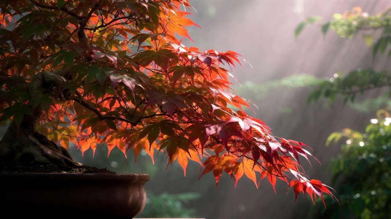 Award-winning semi-cascade Japanese maple bonsai in stunning autumn colors with graceful flow