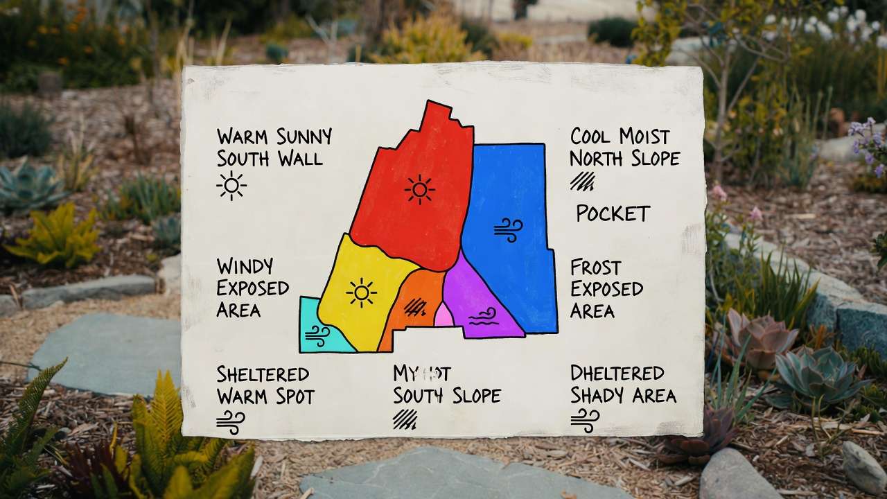 Hand-drawn microclimate zone map overlay on garden showing warm, cool, frost, and windy areas
