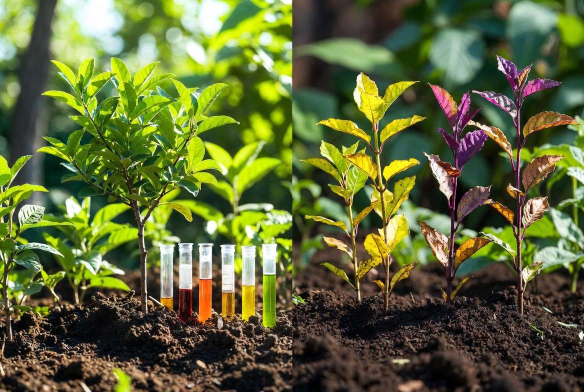 Soil test results showing NPK and pH levels with healthy and deficient plant examples