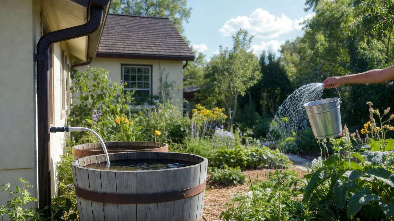 rain barrels and graywater system collecting water for garden during drought restrictions