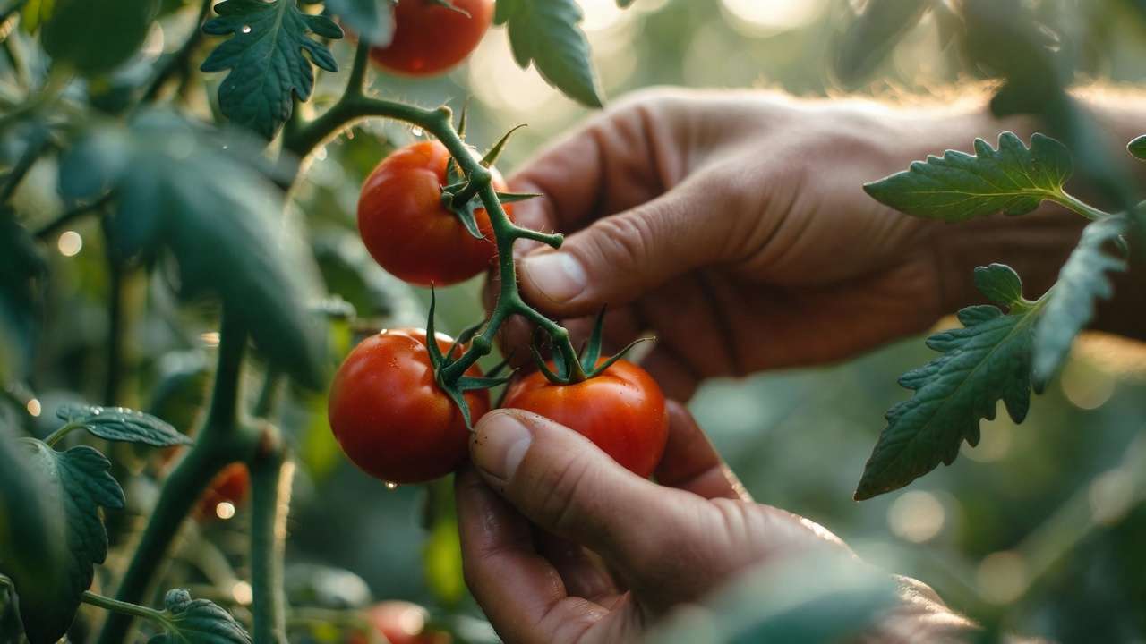 Close-up of hands harvesting perfectly ripe tomatoes from the vine in a summer garden