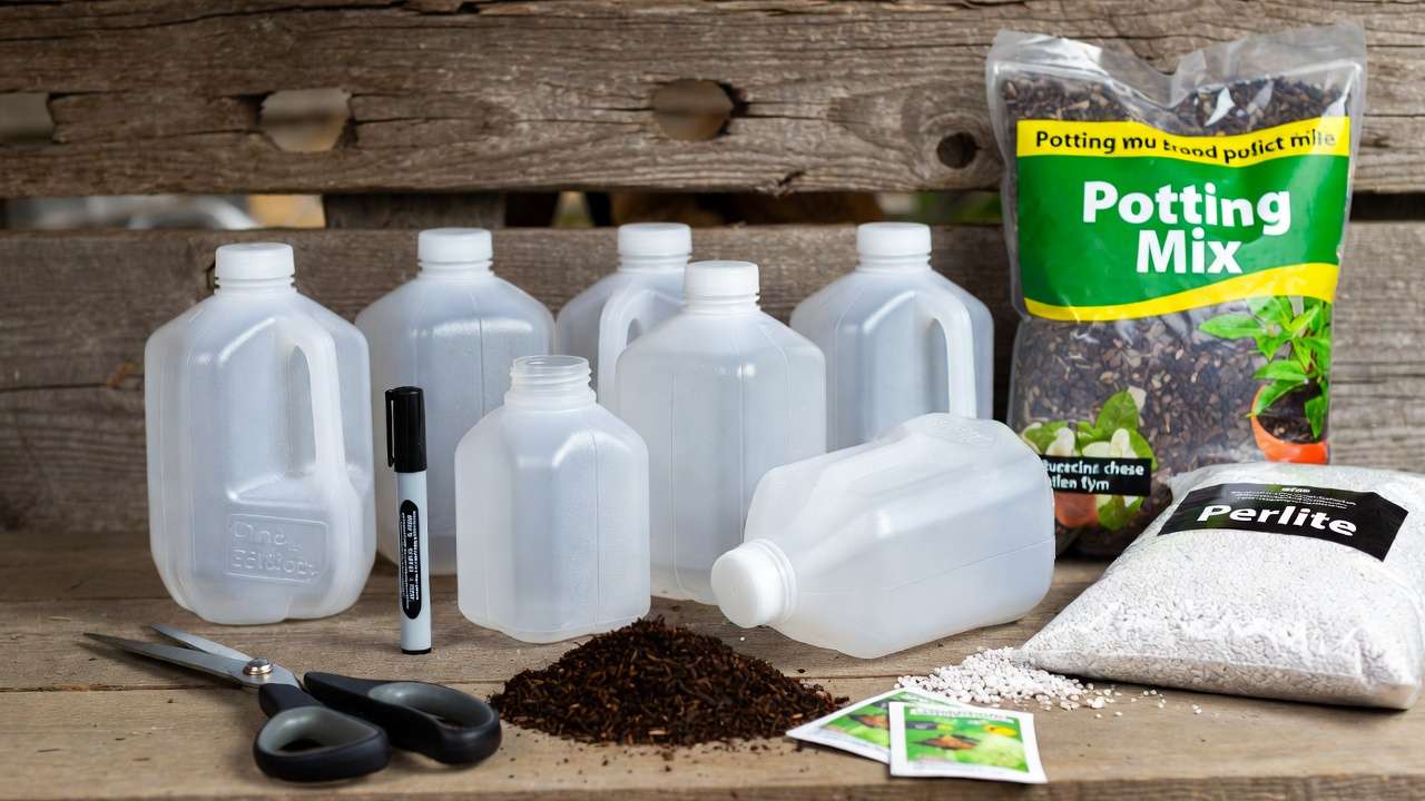 Materials needed for winter sowing seeds outdoors in milk jugs under $10