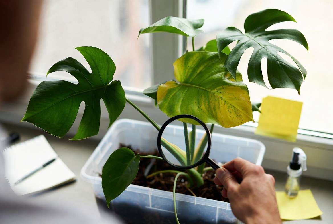 monitoring quarantined sick houseplant with magnifying glass for pests