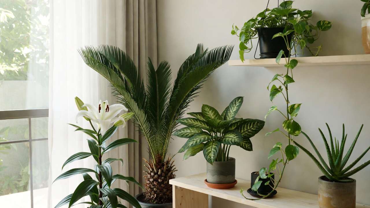 Collection of highly toxic houseplants including lilies, sago palm, pothos, and dieffenbachia posing risks to pets in a home setting