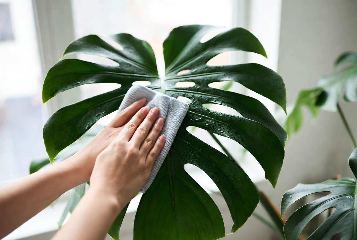 Gentle natural method of cleaning houseplant leaves with damp cloth for better health