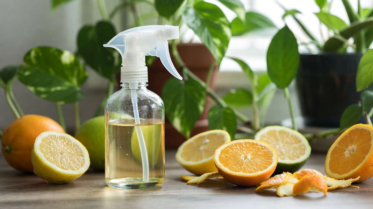 Homemade pet-safe citrus spray bottle with fresh lemons and oranges for deterring animals from houseplants
