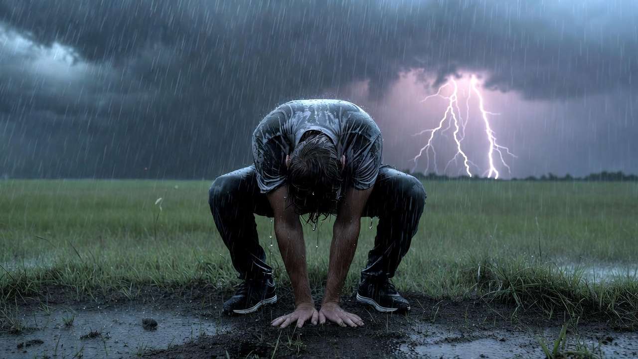 Person demonstrating the correct lightning crouch position in an open area during a thunderstorm for maximum safety