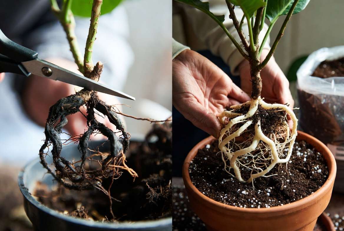 Healthy vs damaged roots during plant recovery after pest infestation
