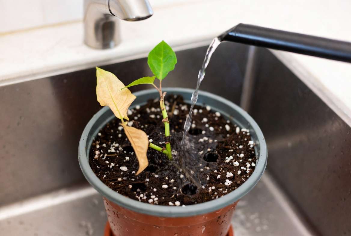 Proper watering technique for recovering a defoliated plant with good soil drainage