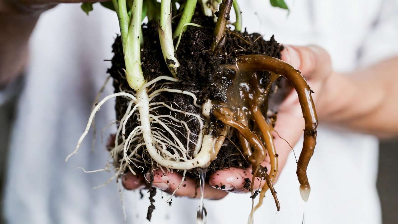 overwatered plant roots showing root rot and leaf shedding cause