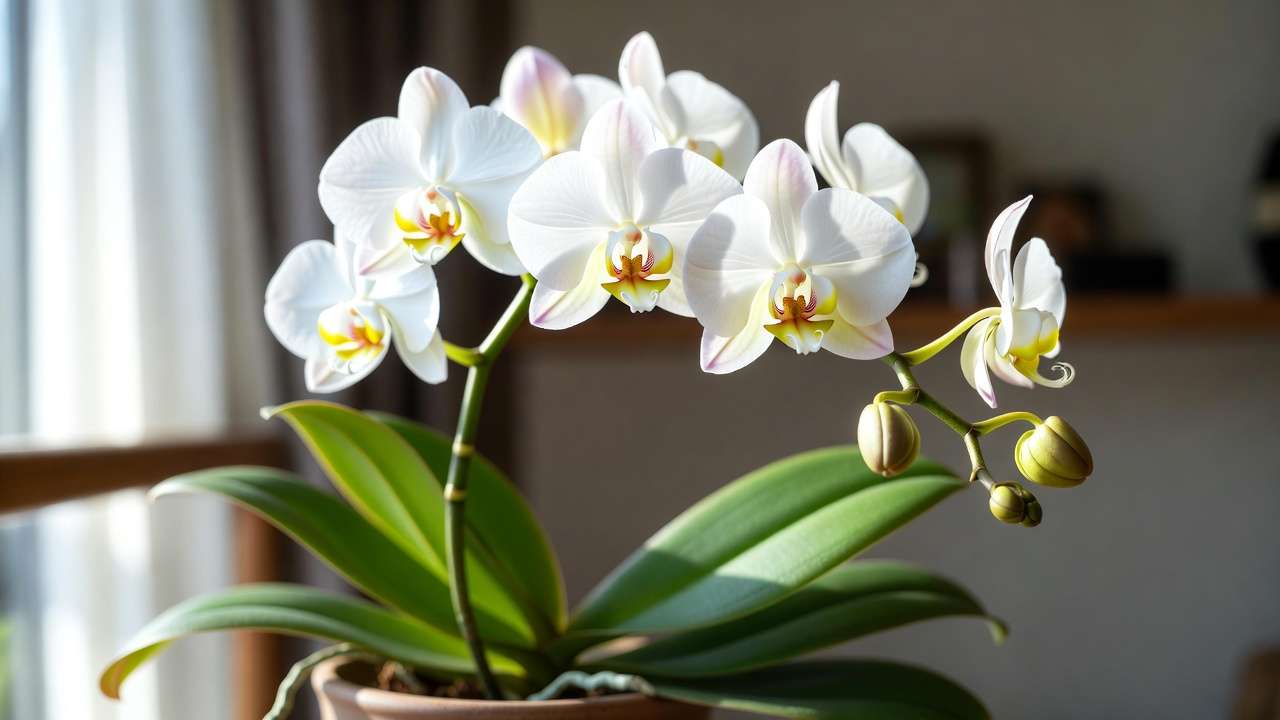 Elegant white Phalaenopsis orchid in bloom – pet-safe peace lily alternative with long-lasting flowers.