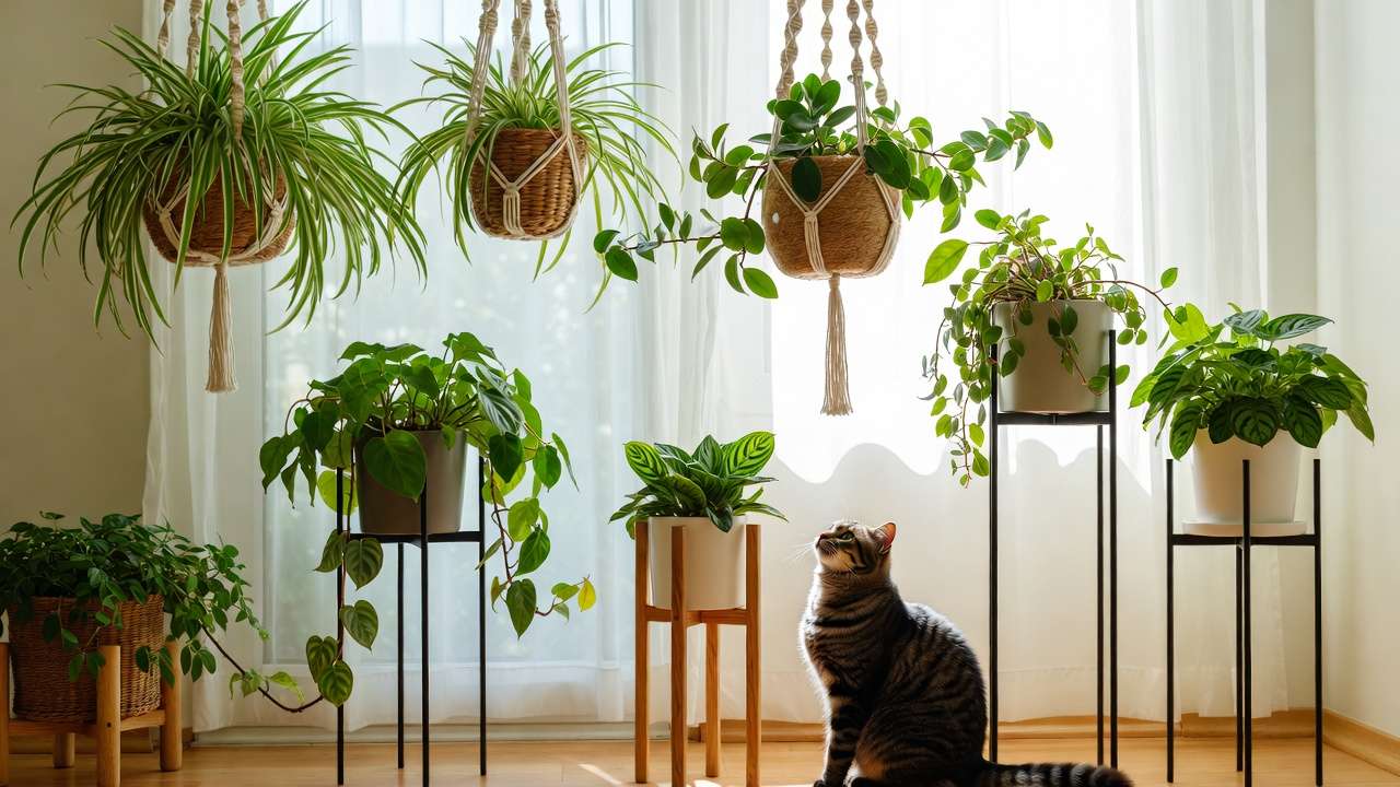 Houseplants safely hung in macrame baskets and placed on tall stands to prevent access by pets in a bright living room