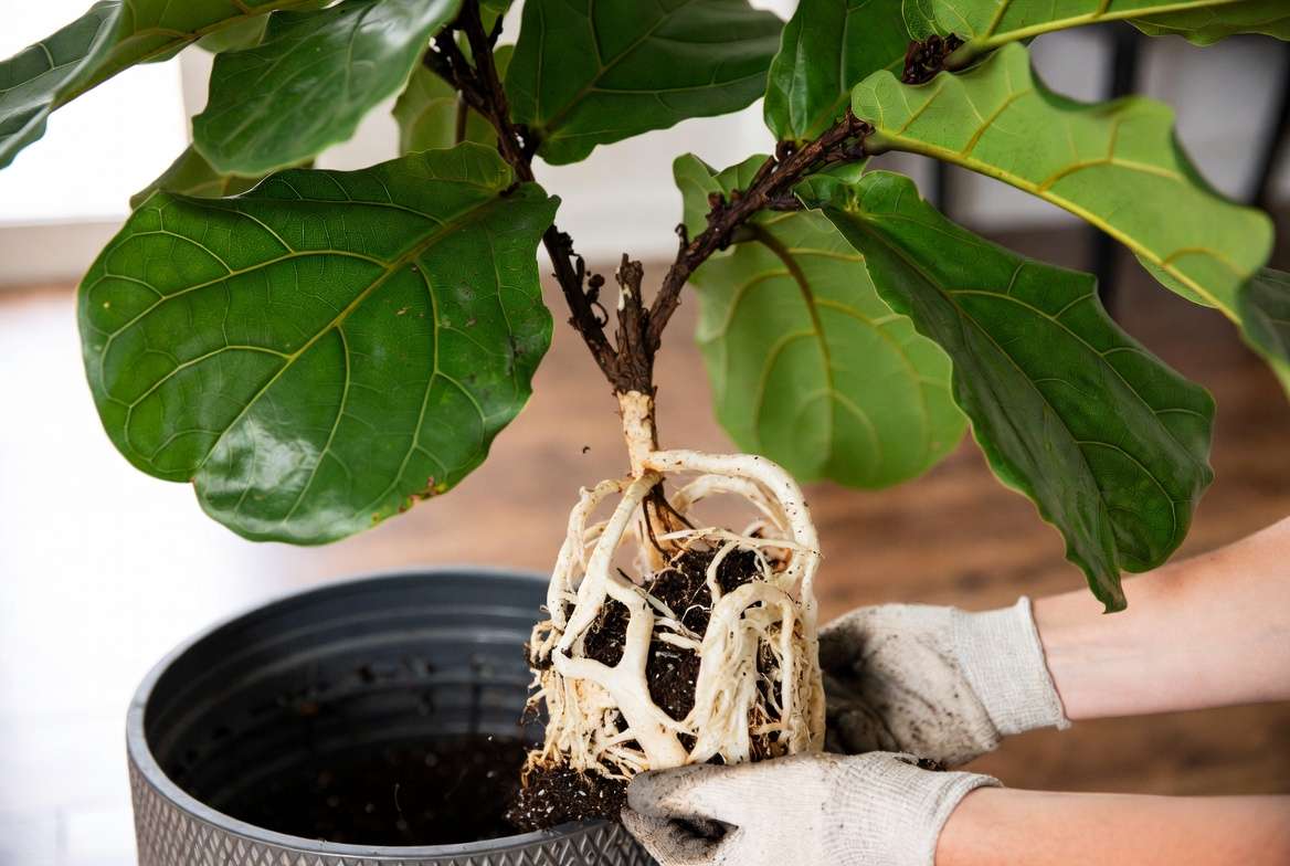 Fiddle Leaf Fig repotting process to minimize transplant shock and promote healthy roots