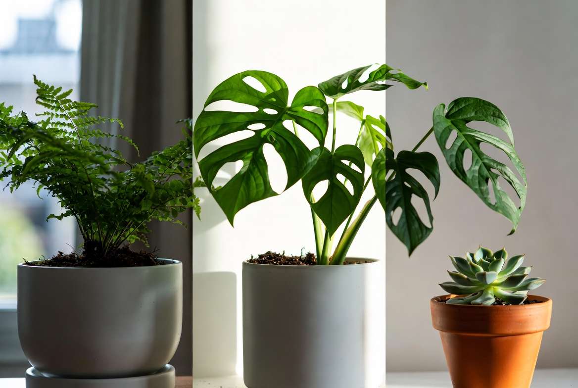 Plant-specific light needs for gradual light reintroduction: ferns, Monstera, and succulents in appropriate lighting conditions