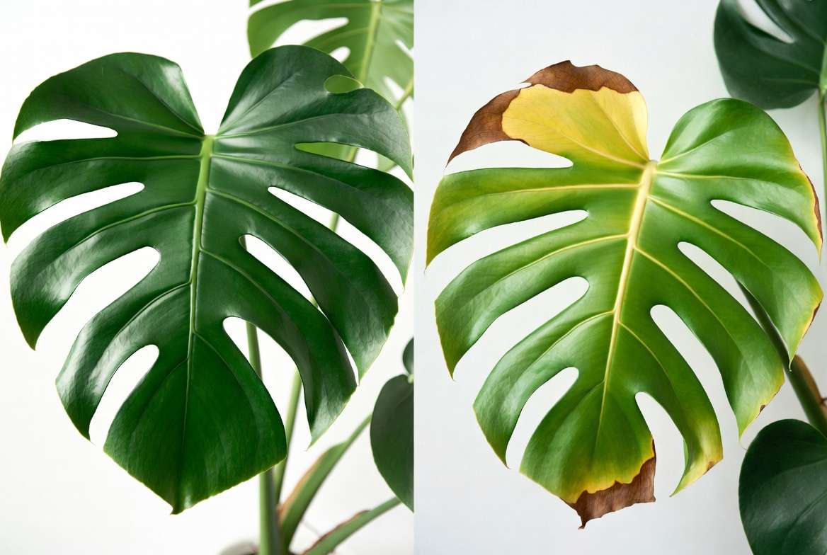 Healthy Monstera leaf versus potassium deficiency symptoms in indoor plants