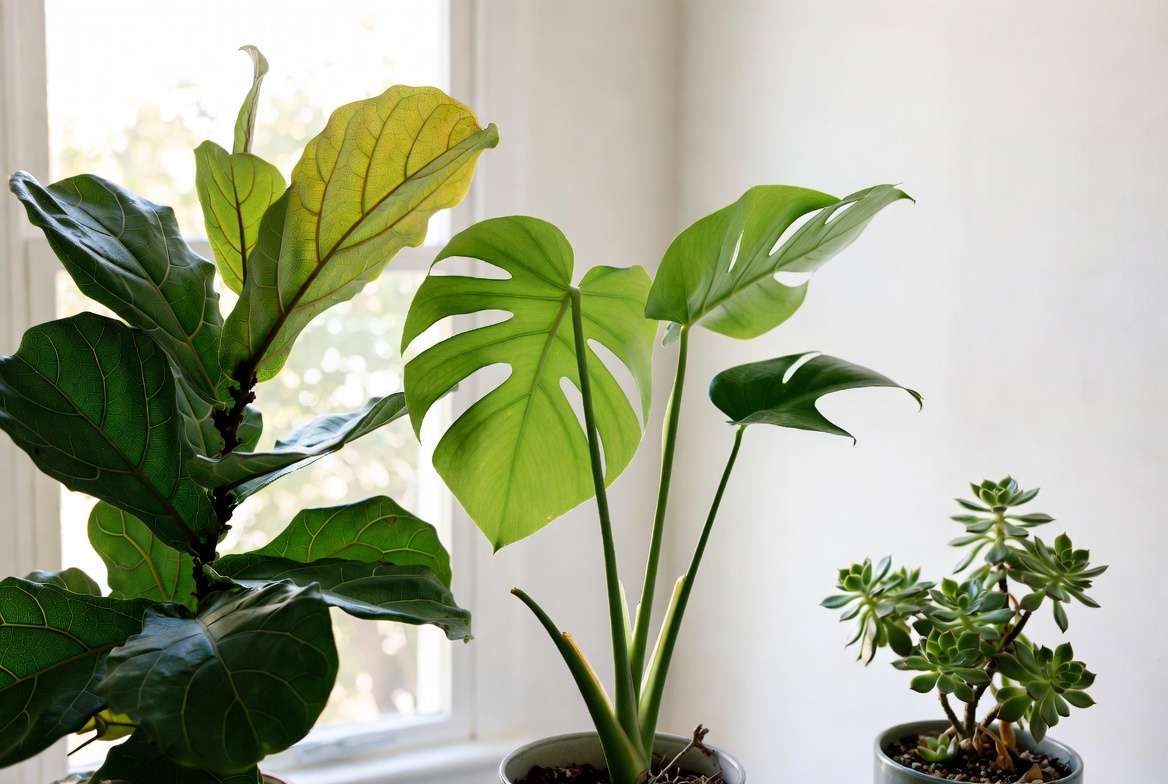 Before and after style view of popular houseplants like Monstera, Fiddle Leaf Fig, and succulent in recovery with new growth