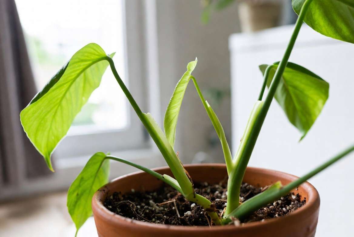 Recovering Monstera houseplant with new growth after root rot treatment