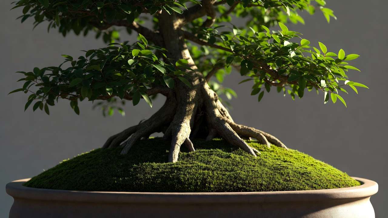 lose-up of professionally groomed bonsai with clean pot, fresh moss, and no visible trunk wire for show display