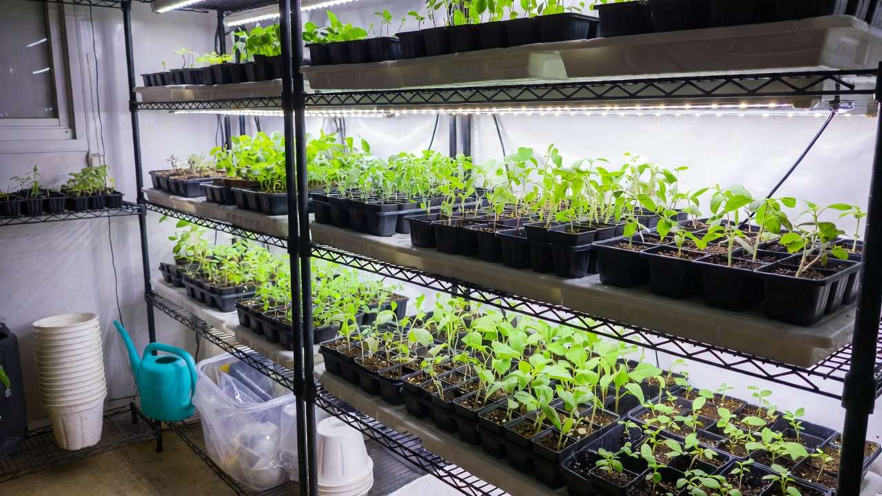 Multi-tier indoor seedling setup with LED grow lights providing even coverage for healthy plant starts