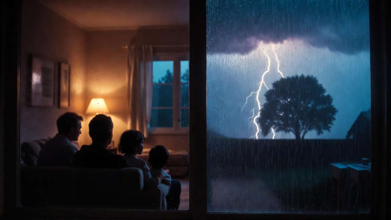 Family safely indoors watching a thunderstorm through a window while lightning strikes a tall tree in the yard outside