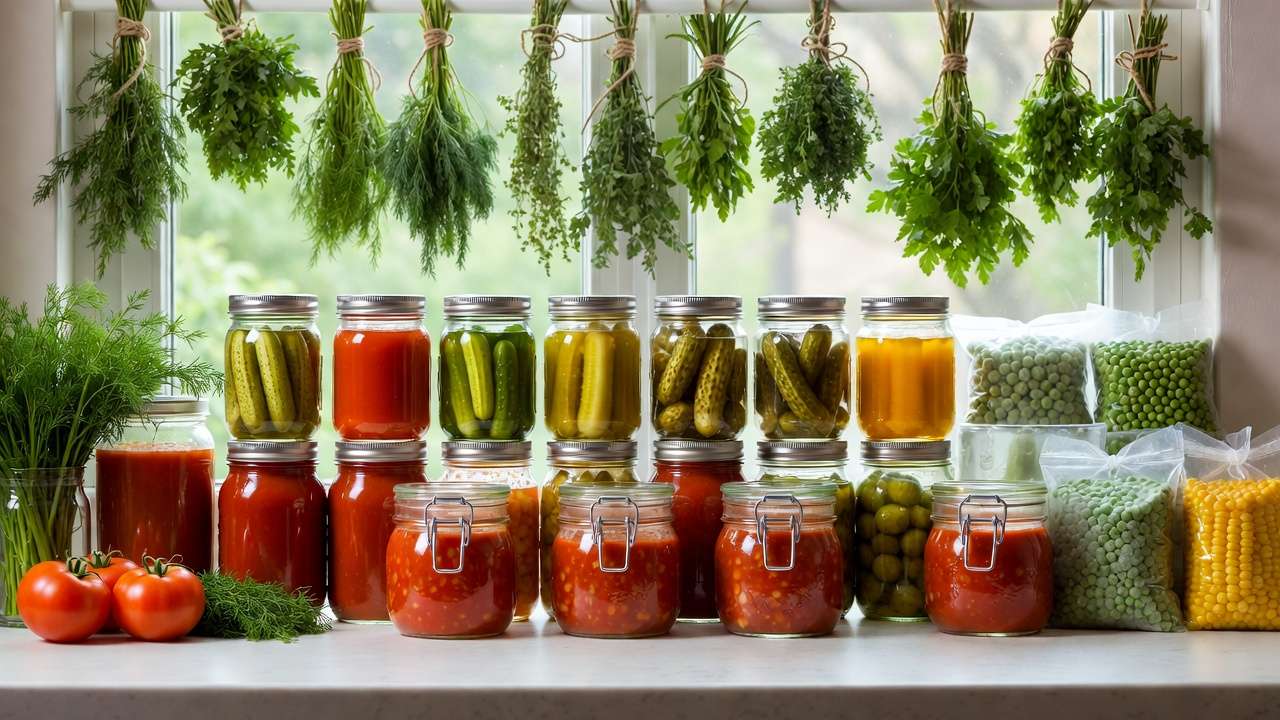 Home preservation of August garden harvest: canned tomatoes, pickles, and frozen vegetables in jars