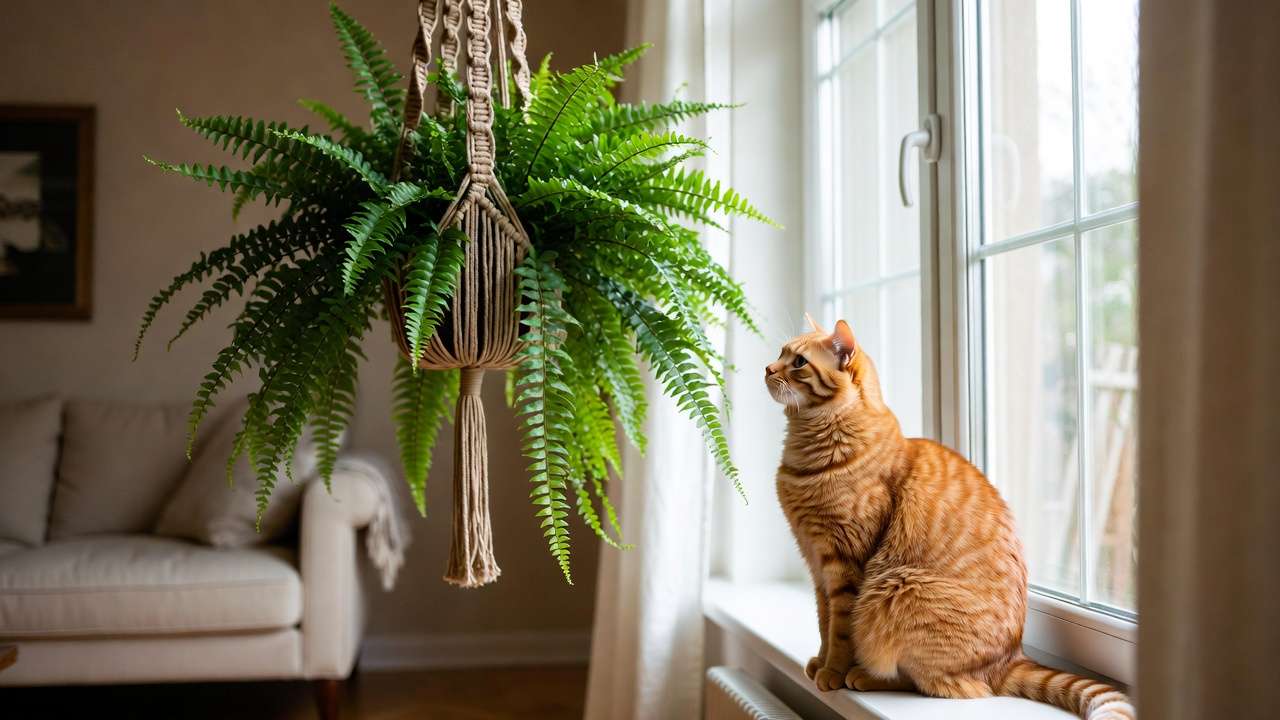 Boston fern hanging high in macramé planter above curious cat, pet-safe plant placement
